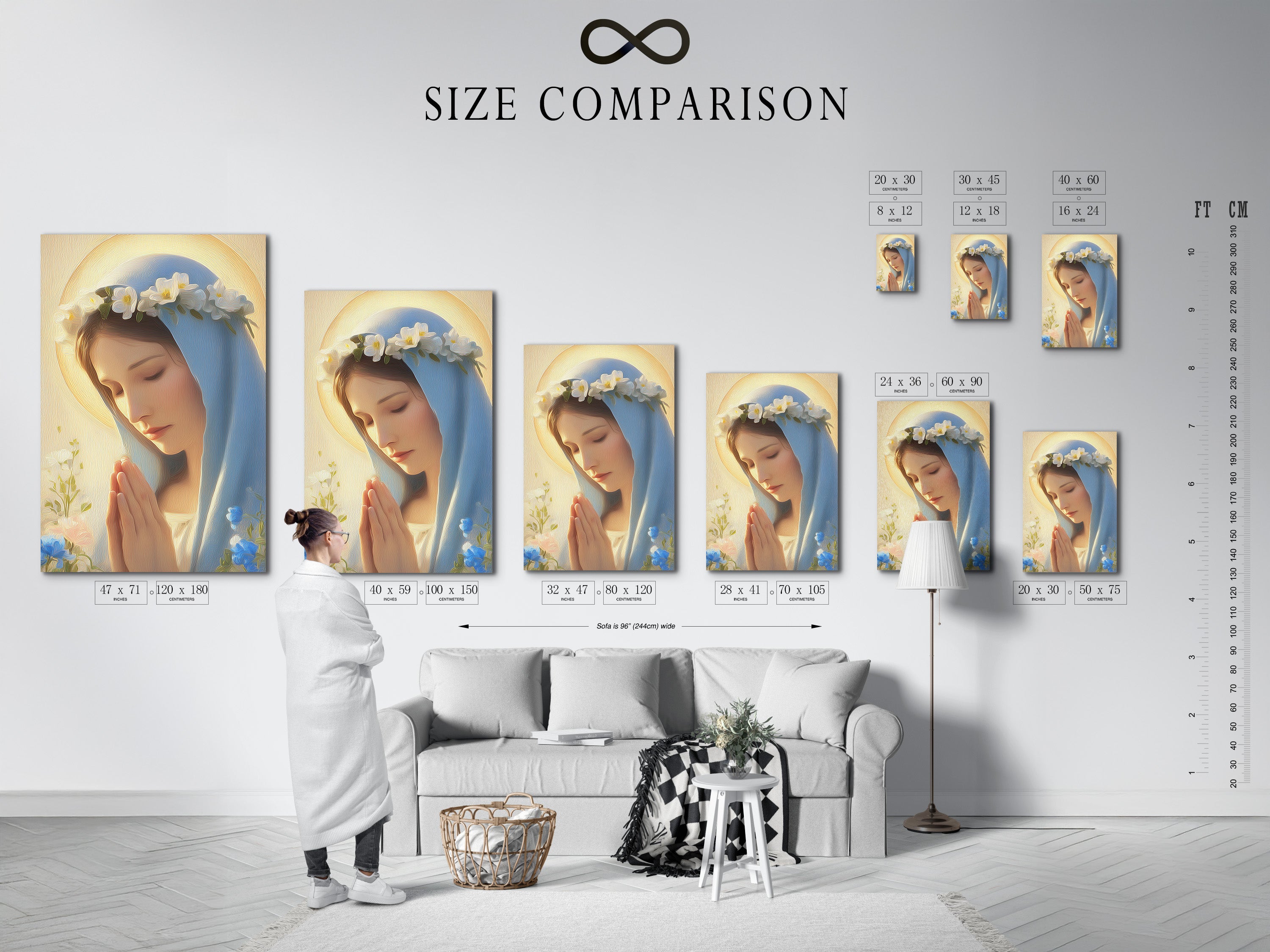 A size comparison chart shows the different sizes available. The chart helps you visualize the artwork in your space. See how the Madonna canvas art fits in your home. Choose the perfect size for your prayer room decor. Find the ideal fit for your christian wall art.