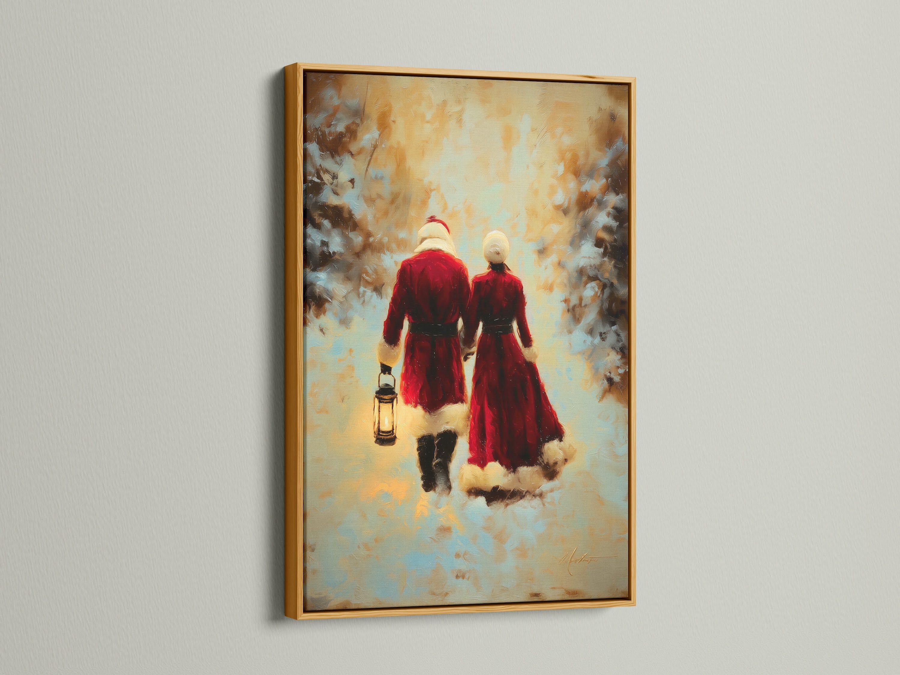 Adorn your walls with our gold framed artwork. This vintage artwork features a winter couple. The gold frame adds a touch of luxury. Shop now for festive wall art and seasonal decor.