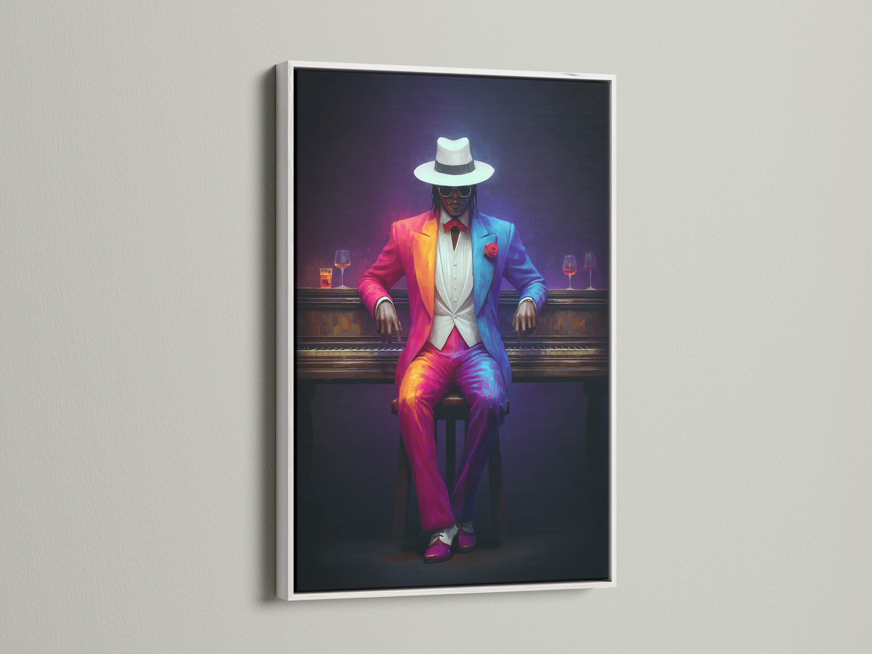 Neon Suit Portrait colorful art in a white frame. The frame enhances this retro futuristic artwork. Ideal for living rooms home bars or upscale waiting areas. The gentleman wall art is a stylish addition. It brings a modern portrait and vibrant wall art to your space.