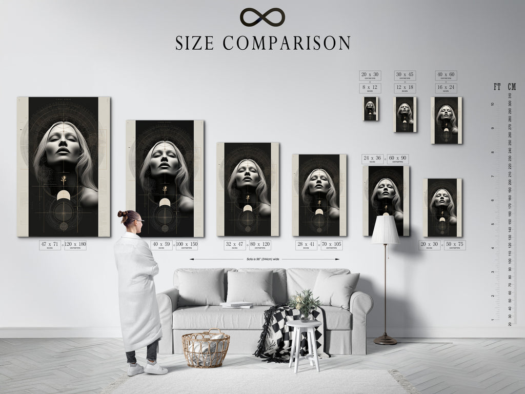 An interior showcasing a size comparison chart for the Mystical Woman Portrait artwork. The chart displays various sizes for canvas prints and fine art posters. This spiritual canvas art is perfect for any room. Ideal for enhancing your home decor.