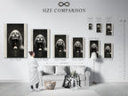 An interior showcasing a size comparison chart for the Mystical Woman Portrait artwork. The chart displays various sizes for canvas prints and fine art posters. This spiritual canvas art is perfect for any room. Ideal for enhancing your home decor.