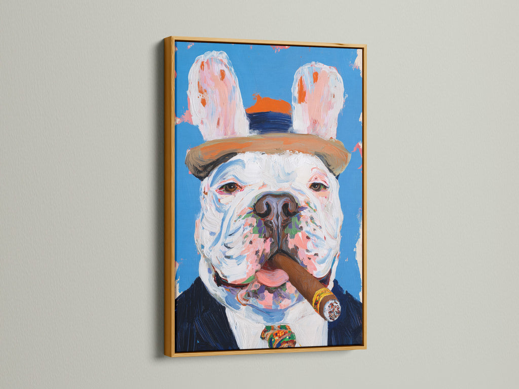 A luxurious French Bulldog artwork in a gold frame exudes opulence. The artwork features a cigar-smoking dog a quirky pet portrait ideal for man cave decor. The gold frame adds a touch of glamour to your space.