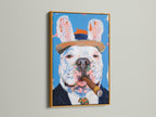 A luxurious French Bulldog artwork in a gold frame exudes opulence. The artwork features a cigar-smoking dog a quirky pet portrait ideal for man cave decor. The gold frame adds a touch of glamour to your space.