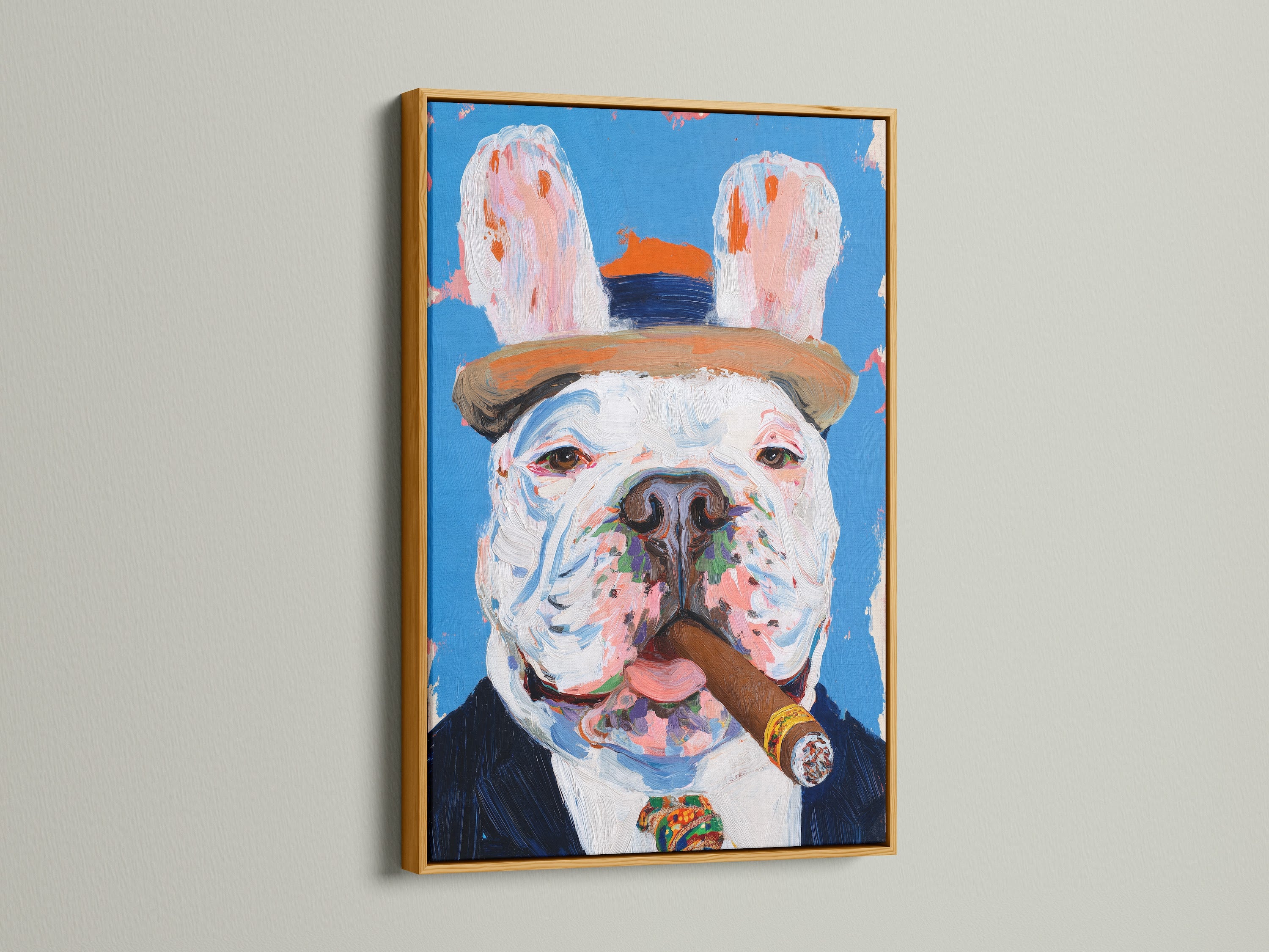 A luxurious French Bulldog artwork in a gold frame exudes opulence. The artwork features a cigar-smoking dog a quirky pet portrait ideal for man cave decor. The gold frame adds a touch of glamour to your space.