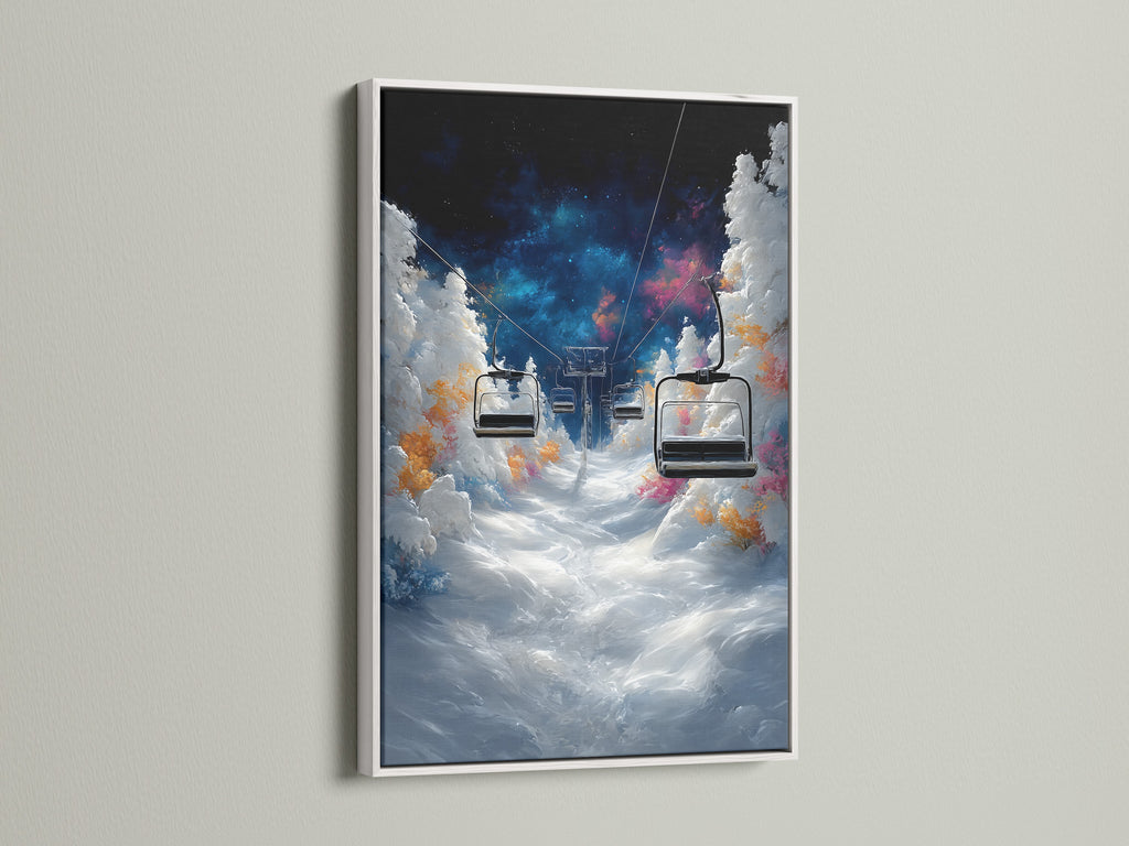 Brighten your walls with this stunning ski lift art. The white frame creates a clean and modern look. It complements the snow landscape perfectly. This artwork is a great addition to studios lobbies and cafes.