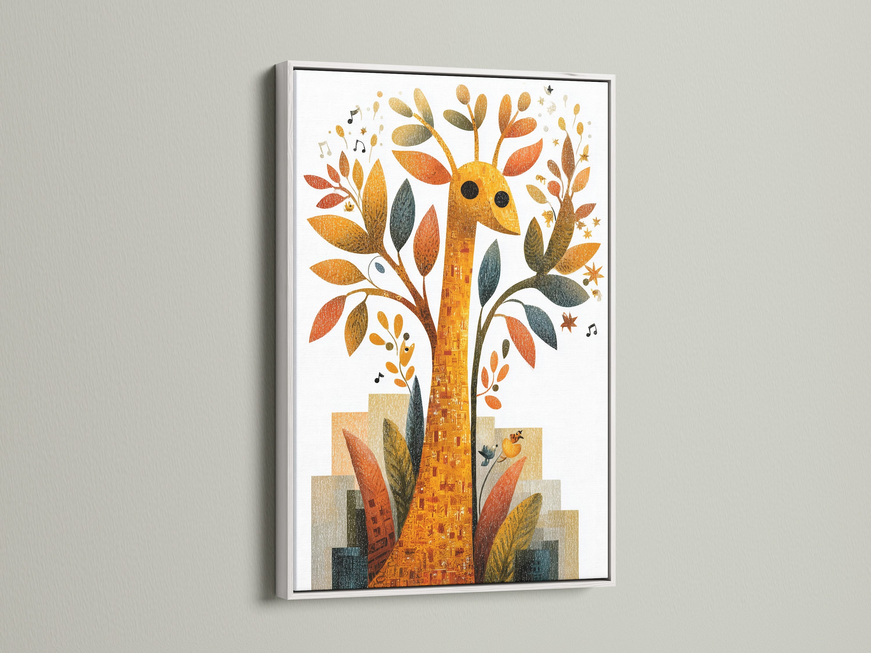 Brighten your space with a white frame. This white frame offers a clean modern look. Perfect for showcasing this giraffe art print. Add a touch of sophistication to your home decor.