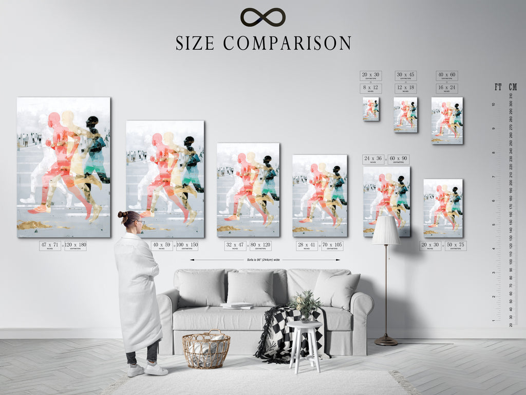 Size comparison chart for the Abstract Runners art print in an interior setting. Visualize how this modern sports wall art fits your space. Available in various sizes this contemporary canvas print enhances any room. Find the perfect fit for your wall decor.