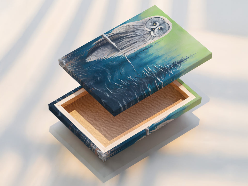 A stretched canvas print of an owl in a winter forest. Ready to hang and enjoy. This wildlife art brings the beauty of nature indoors. Perfect for cabin art and woodland decor in living rooms or bedrooms.