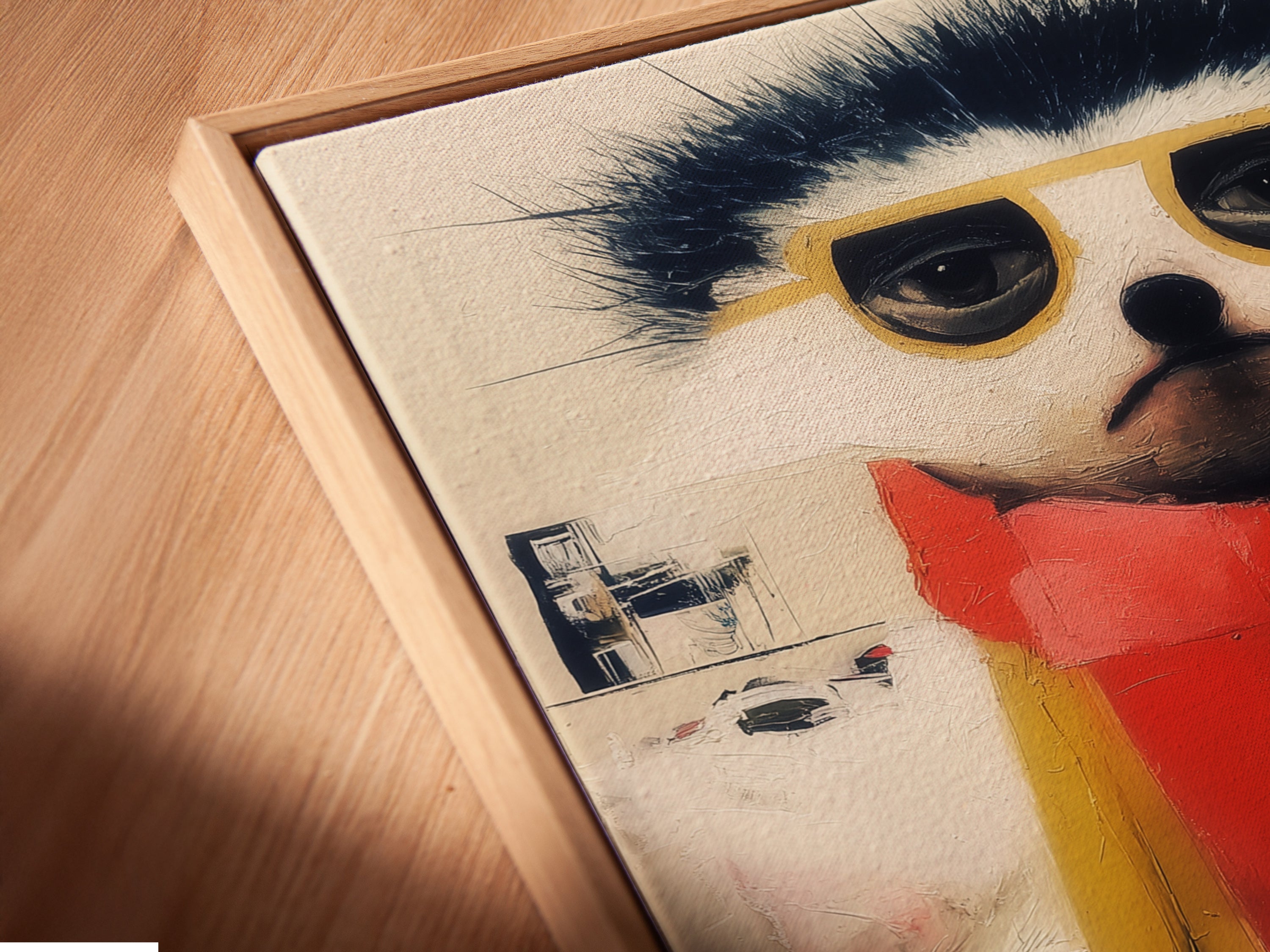 Angled close up of a canvas print in a floating frame. The quirky ski animal artwork is highlighted. Its whimsical charm is perfect for kids' rooms. See the details in this contemporary folk art print