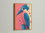 Kingfisher bird art displayed in a gold frame. The colorful print features a vintage style. This bird print will brighten up any room. It is perfect for home decor or waiting rooms. A unique piece of avian art.