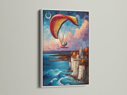 The paragliding artwork is framed in a clean white frame. The artwork features a coastal scene with a paraglider soaring above blue waters. The white frame offers a fresh and modern look. The artwork brings a whimsical touch to any room. Ideal for those who appreciate coastal art and adventure themes. This artwork is sure to impress.