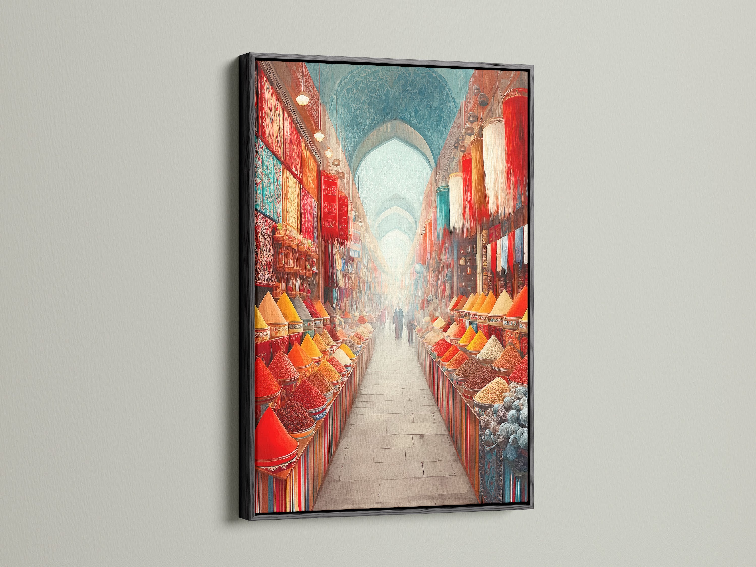 Spice Market art in a black frame. This exotic bazaar canvas art is a perfect fit for eclectic global and bohemian styles. The colorful food photography is ideal for any kitchen dining room restaurant studio lobby clinic café or boardroom.
