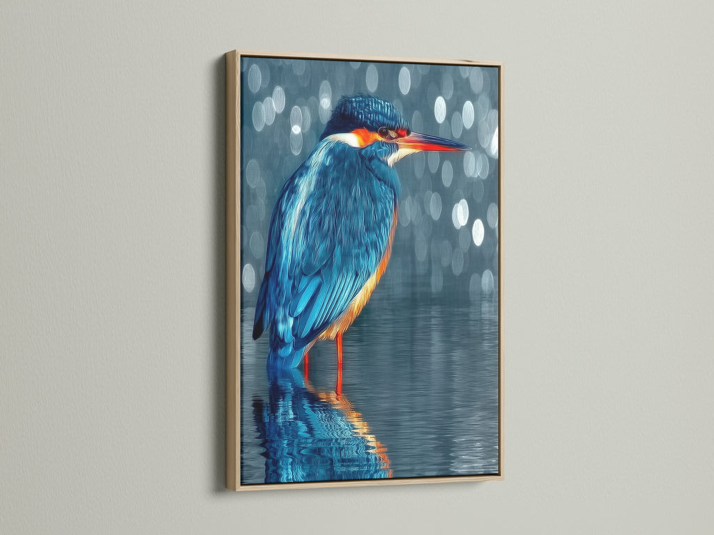 This kingfisher artwork is framed in oak. The bird canvas adds a touch of nature to any space. The wildlife print is ideal for a home office or living room. The frame enhances the artwork's appeal.