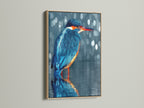 This kingfisher artwork is framed in oak. The bird canvas adds a touch of nature to any space. The wildlife print is ideal for a home office or living room. The frame enhances the artwork's appeal.