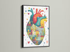 The black frame contrasts beautifully with the colorful anatomical heart art. The artwork features city houses within a heart. It is a unique piece of medical wall art. This contemporary print adds character to any room. The black frame makes the colors pop.