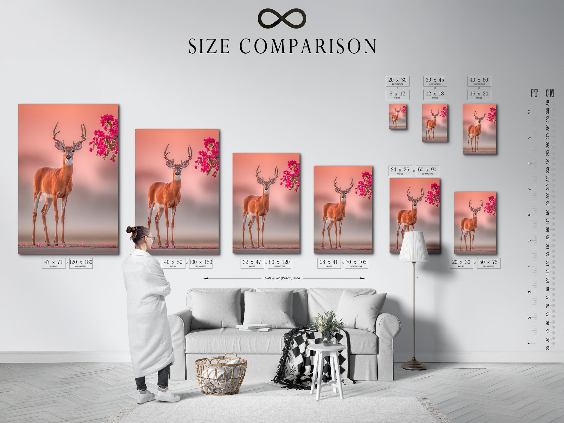 Size comparison chart in an interior setting. See how the deer artwork fits your space. Wildlife canvas sizes are shown for reference. Pink floral antlers look great in any size. Nature photography print dimensions are displayed. Choose the perfect size for your home decor. Find your fit.