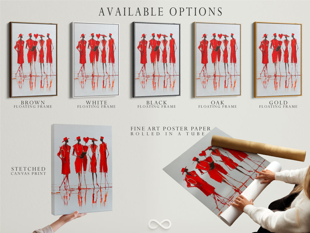 Available options for Red Fashion Sketch Art are shown. Choose between stretched canvas print fine art poster paper or a floating frame. Find the perfect contemporary figure drawing for your space.