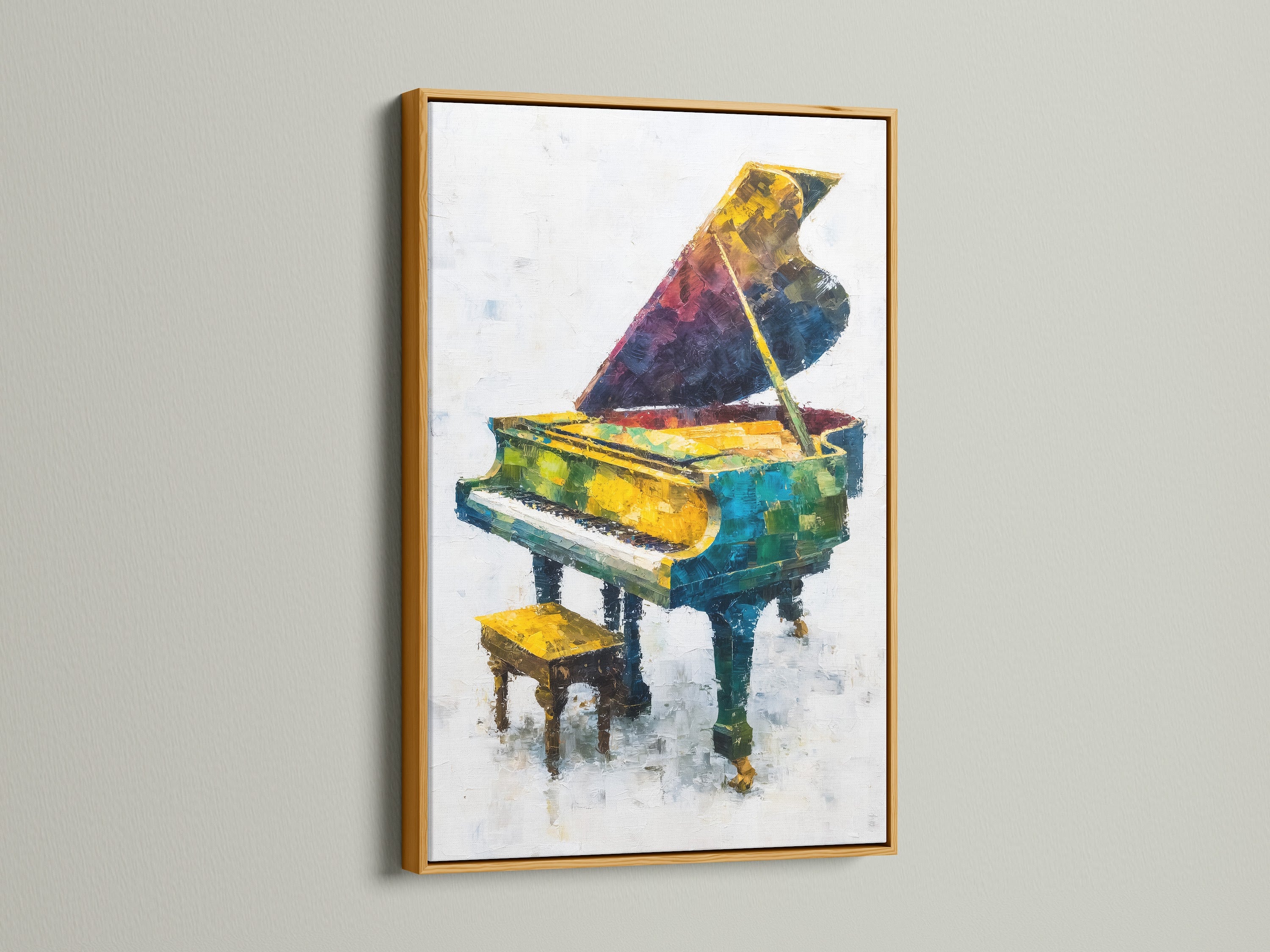 A colorful piano artwork is elegantly displayed in a gold frame. This vibrant grand piano poster adds a touch of luxury to any room. Perfect for music lovers and those seeking sophisticated wall art. Discover this abstract music canvas wall art.
