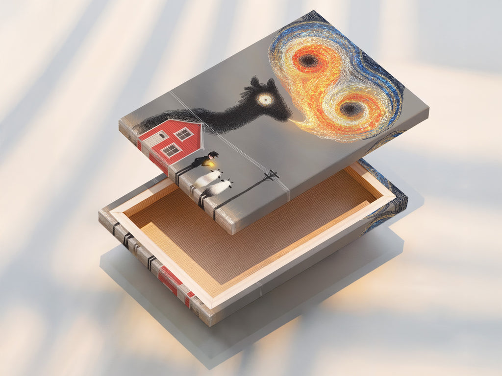 This is a stretched canvas print of surreal sheep art. It is ready to hang and enjoy. The animal canvas adds a quirky touch to any room. The farmhouse decor style makes it a great fit. The red house art is a focal point. This strange art creates a whimsical atmosphere.