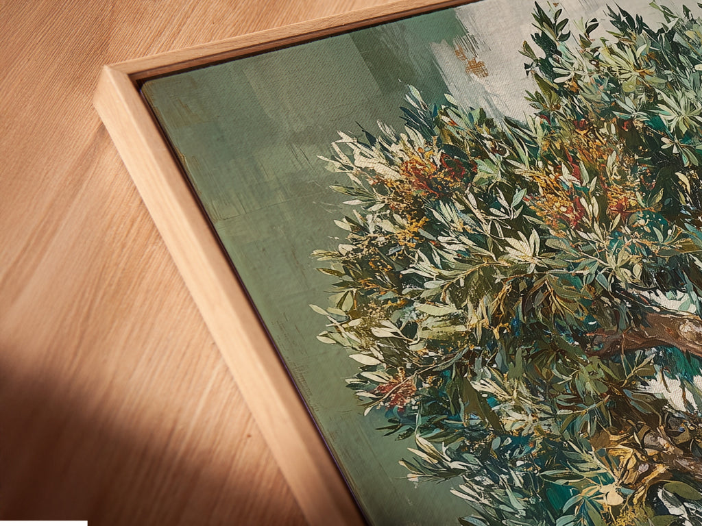 Close up angled view of a canvas print in a floating frame. The floating frame creates a modern gallery look. It separates the canvas from the wall. It gives the illusion that the art is floating. Showcase your canvas art with this frame.