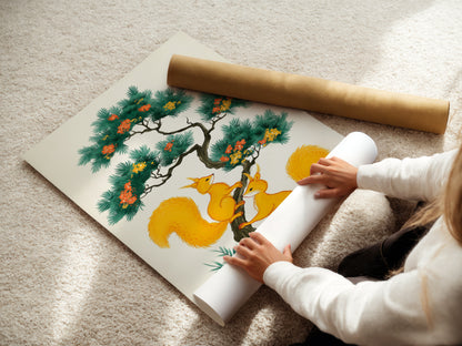 A woman carefully rolling a fine art poster paper featuring squirrel artwork. This botanical tree art is perfect for kids room decor. Bring nature indoors with this whimsical animal design. Ideal for families creating a cozy and inviting nursery. Shop now for unique wall art.