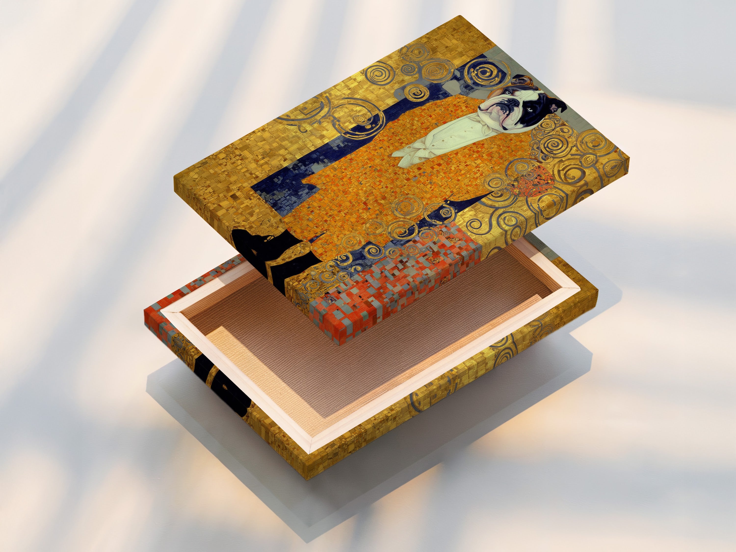 A stretched canvas print of the Klimt Style Bulldog is displayed. The gold ornate art and animal canvas art are vividly showcased. This vintage dog art piece is perfect as decorative art. It is ideal as golden wall art. It's an ornamental print suitable as a dog lover gift.