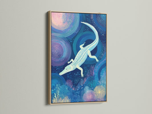 Enhance your home decor with the Alligator Art Print. This ocean blue canvas wall art shows underwater wildlife. The oak frame adds a touch of natural elegance. Perfect for bathroom art boutique decor or studios.