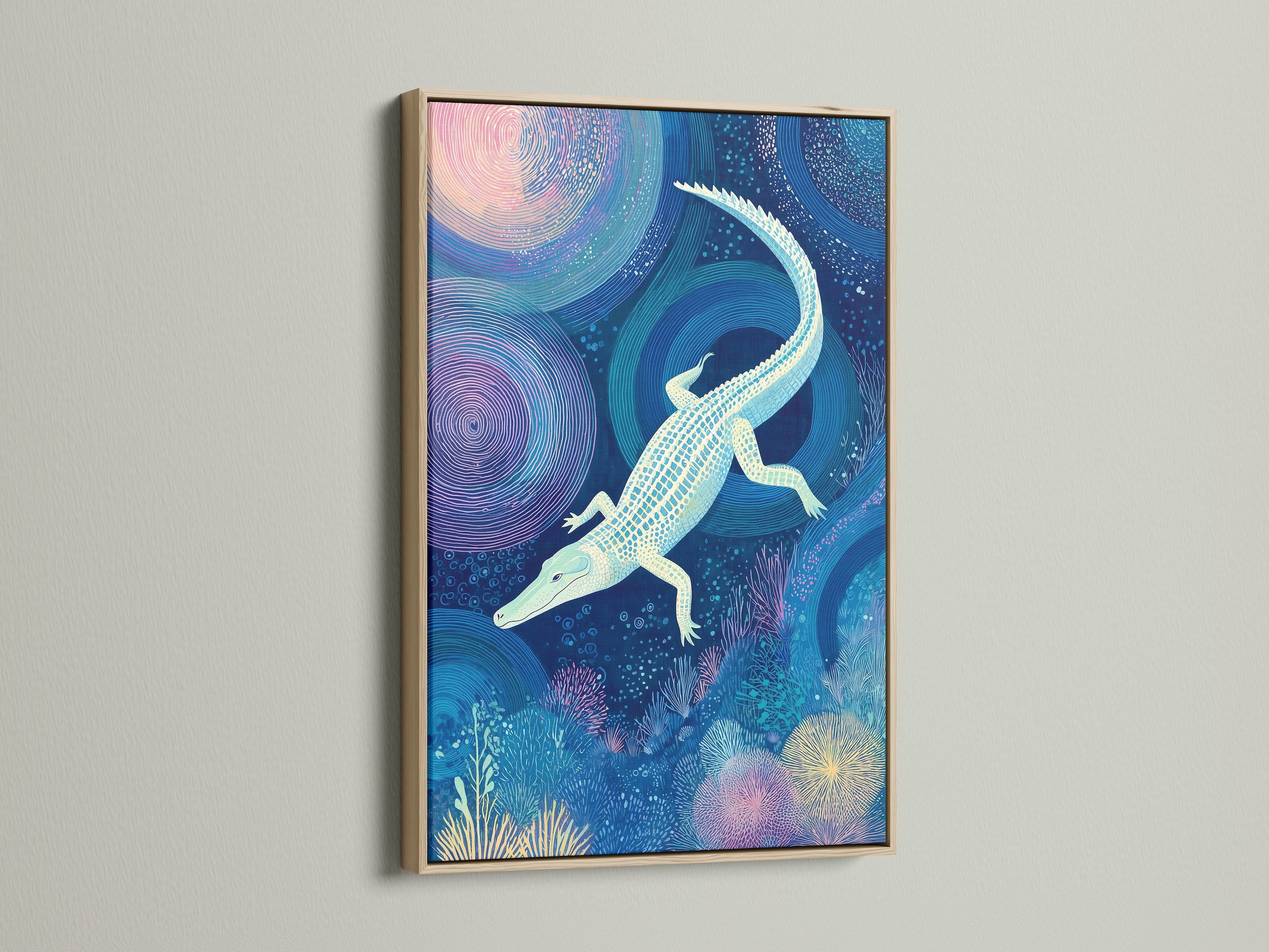Enhance your home decor with the Alligator Art Print. This ocean blue canvas wall art shows underwater wildlife. The oak frame adds a touch of natural elegance. Perfect for bathroom art boutique decor or studios.