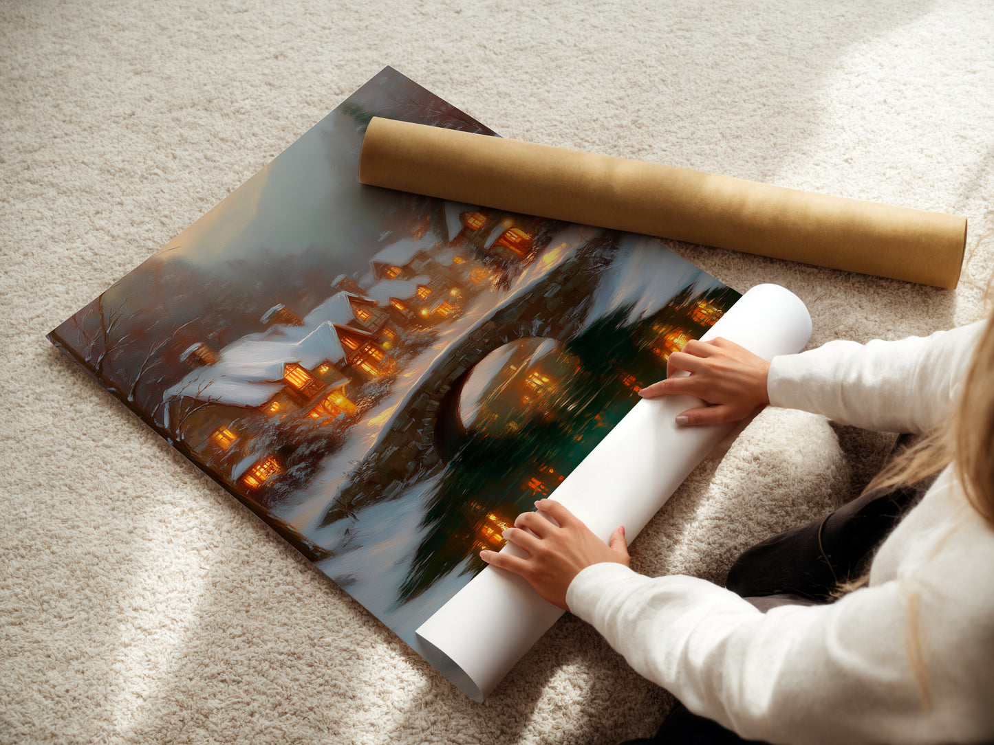 A woman is carefully rolling a fine art poster paper of the Winter Village artwork. This snowy cottage print is perfect for holiday home decor. The bridge landscape adds a touch of warmth to any space. Ideal for festive wall decor.