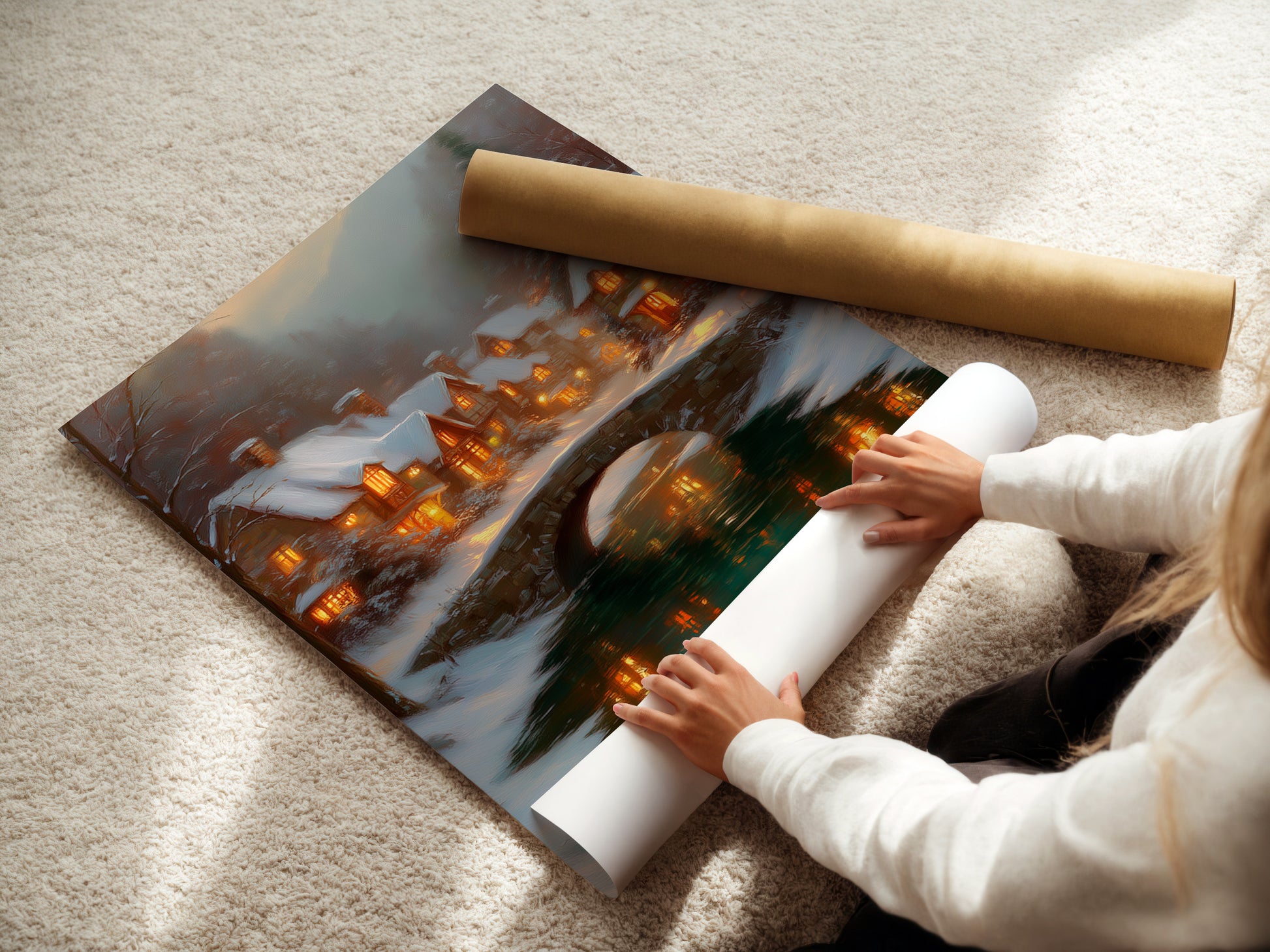 A woman is carefully rolling a fine art poster paper of the Winter Village artwork. This snowy cottage print is perfect for holiday home decor. The bridge landscape adds a touch of warmth to any space. Ideal for festive wall decor.