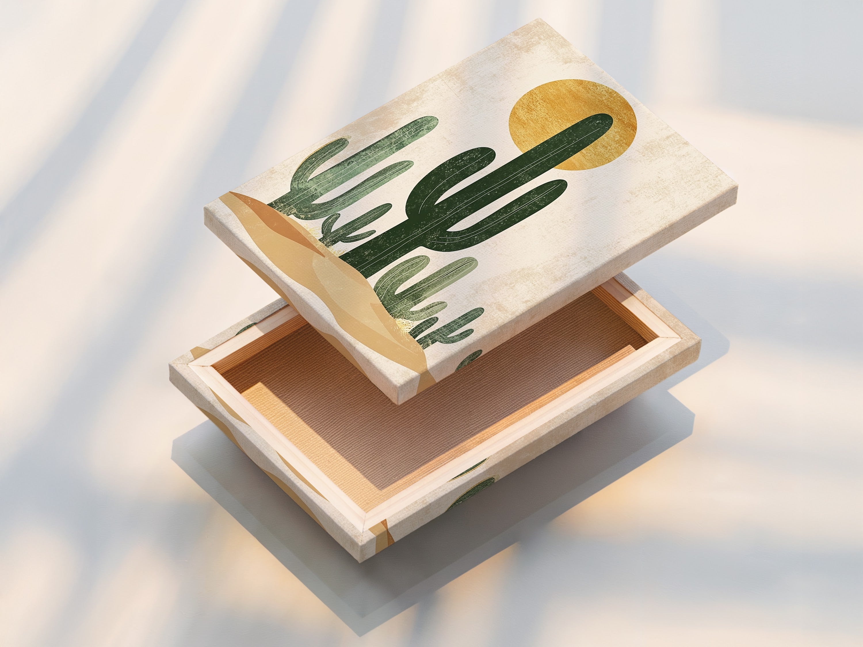 This is a stretched canvas print featuring a desert landscape artwork. The canvas provides a textured look. The artwork is ready to hang and enjoy. This is a durable and high-quality option for displaying art. The stretched canvas print brings warmth to any wall.