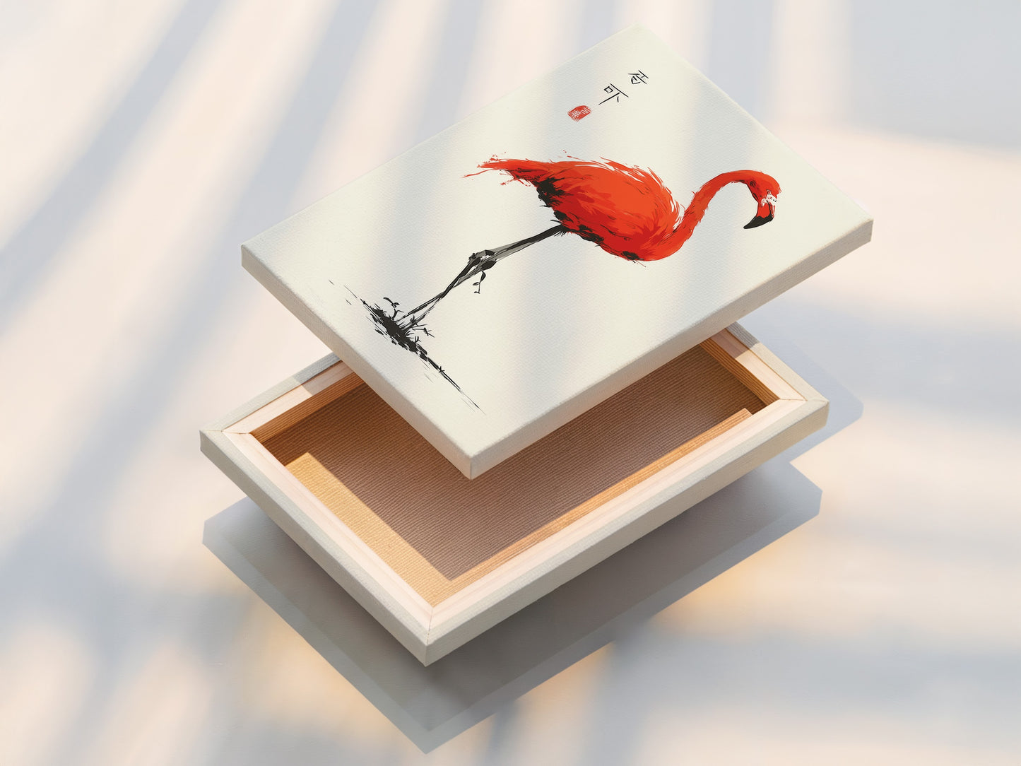 This is a stretched canvas print featuring the red flamingo artwork. The stretched canvas provides a ready-to-hang option. This is perfect for adding Asian-inspired art to any room. The vibrant colors and oriental artwork create a striking visual impact.