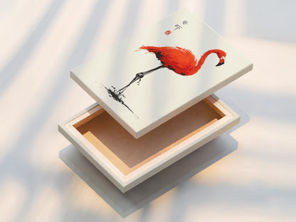 This is a stretched canvas print featuring the red flamingo artwork. The stretched canvas provides a ready-to-hang option. This is perfect for adding Asian-inspired art to any room. The vibrant colors and oriental artwork create a striking visual impact.