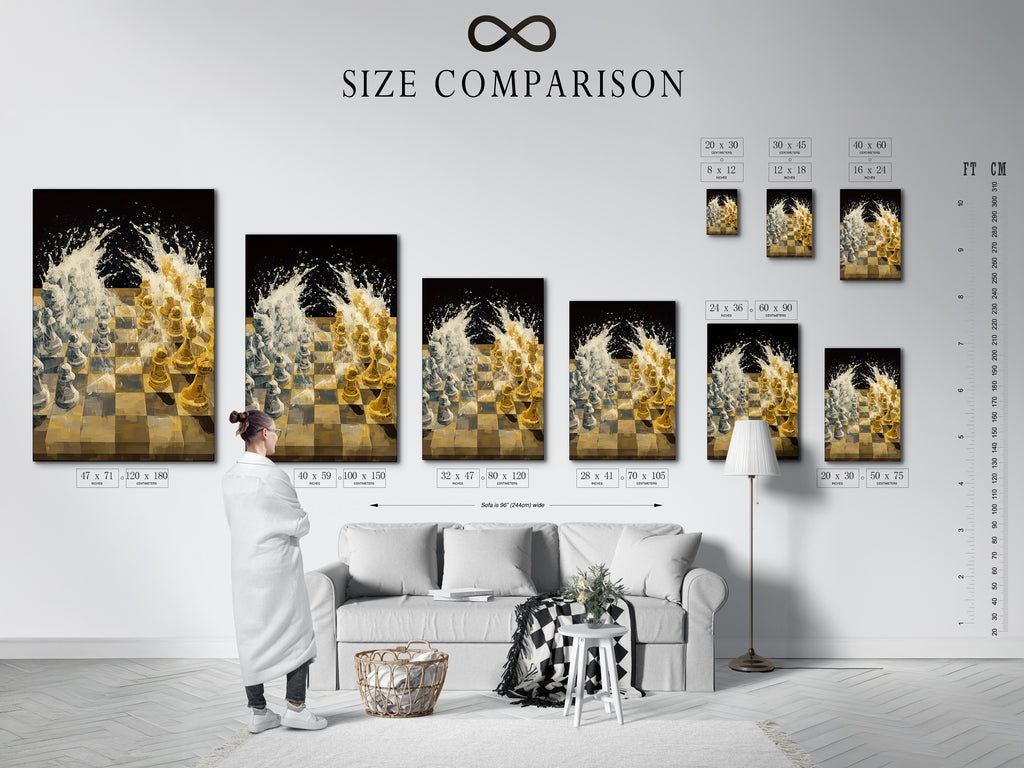 See the size comparison chart in an interior setting. Visualize how this chess game artwork will fit your space. This chart helps you select the perfect size for your living room. It also works in game room or office wall.