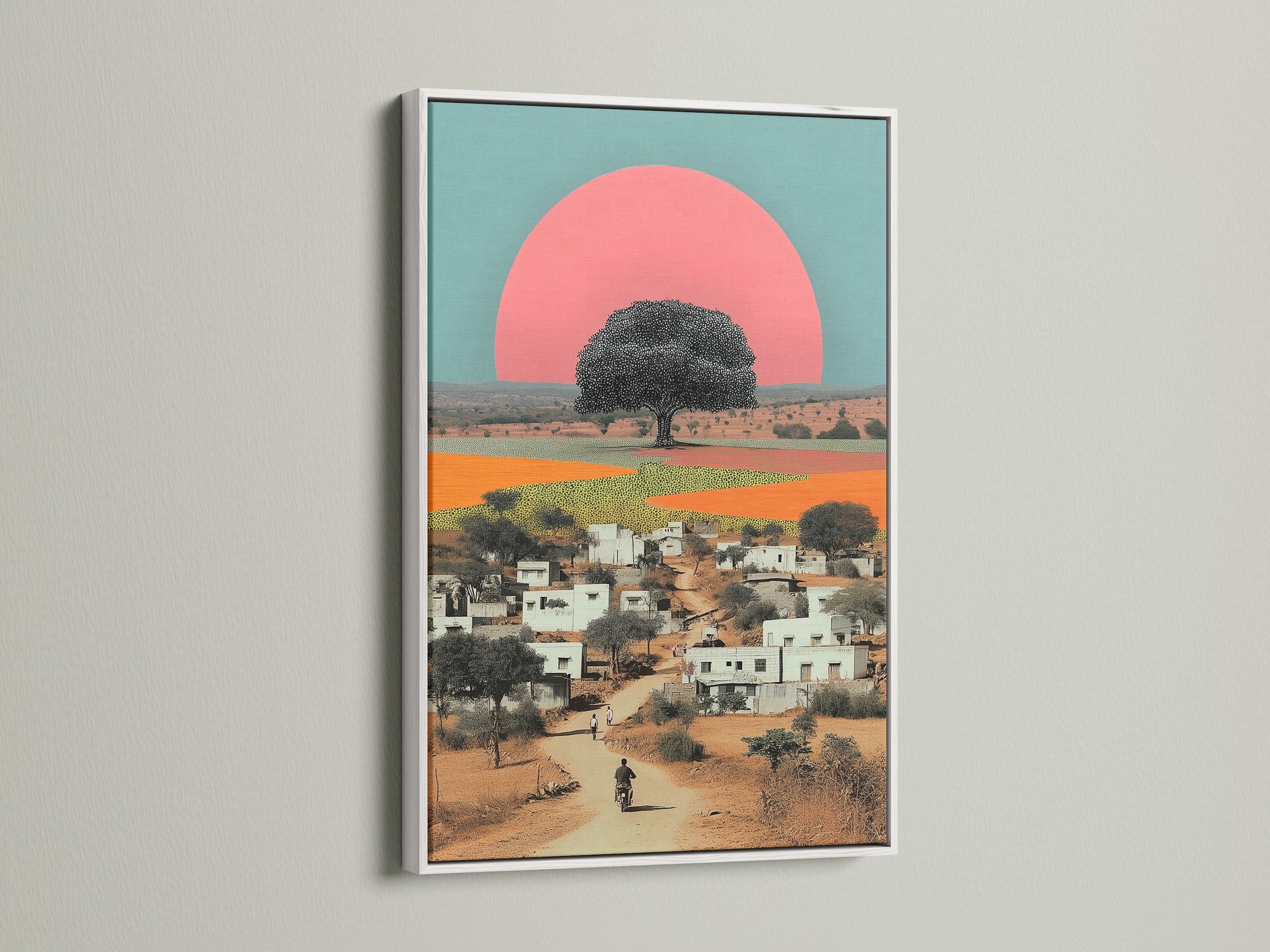 The Indian Village Canvas artwork print is beautifully presented in a white frame. The contrast enhances the retro sunset and desert landscape elements. Perfect for creating a serene atmosphere in any room with global inspired artwork.