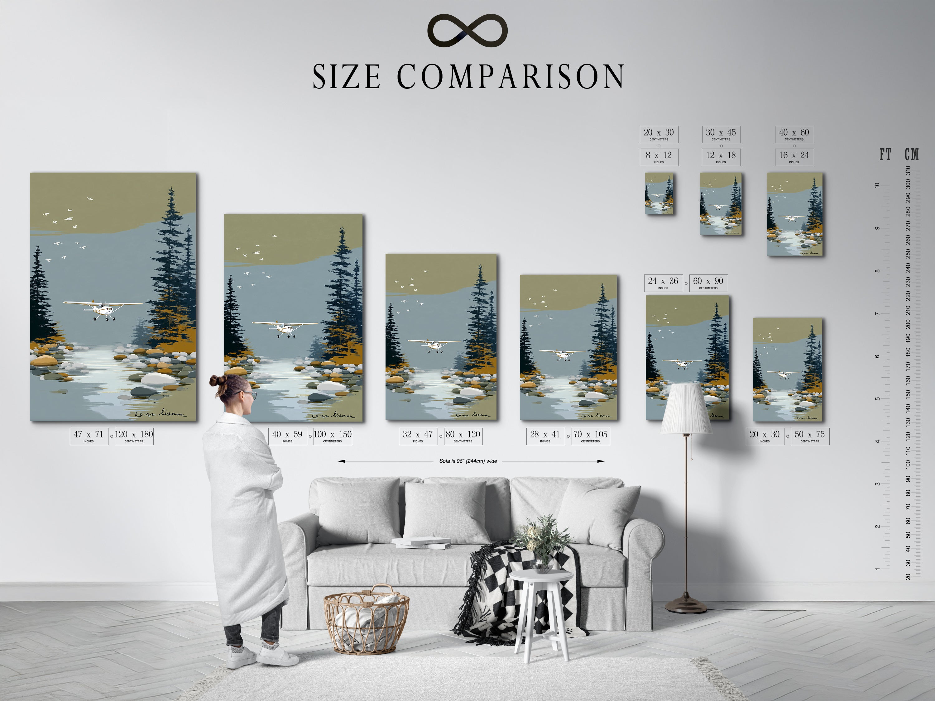 Size comparison chart in an interior setting. See how different sizes of our seaplane art fit in your space. Choose the perfect airplane print for your living room bedroom or office. Explore our aviation decor options.