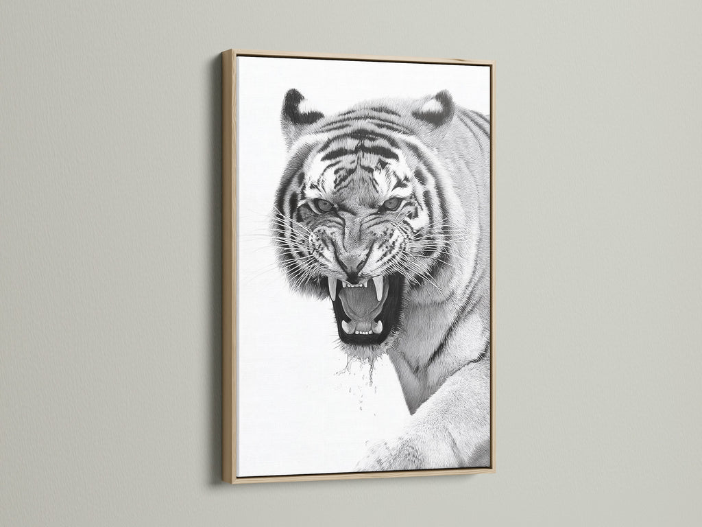 This is a close up of a majestic tiger artwork in an oak frame. The natural wood grain enhances the artwork. This art piece brings warmth and sophistication to your decor. It is ideal for creating a focal point in your living space. The oak frame complements any interior.