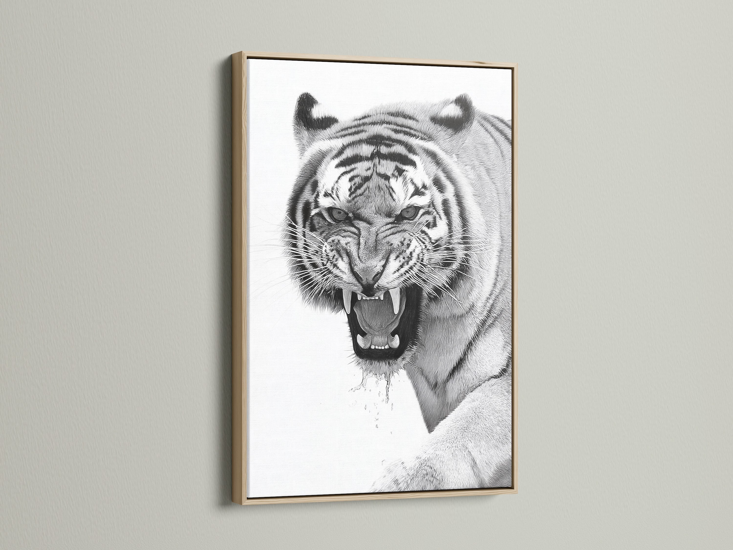 This is a close up of a majestic tiger artwork in an oak frame. The natural wood grain enhances the artwork. This art piece brings warmth and sophistication to your decor. It is ideal for creating a focal point in your living space. The oak frame complements any interior.