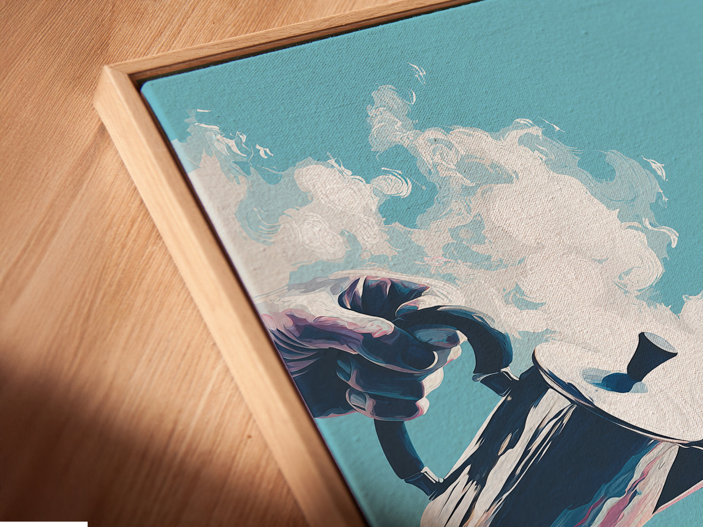 Close-up of a canvas print in a floating frame. The Coastal Coffee artwork is beautifully displayed. This is a modern way to showcase your art. Perfect for minimalist or eclectic styles. Bring the beach home.