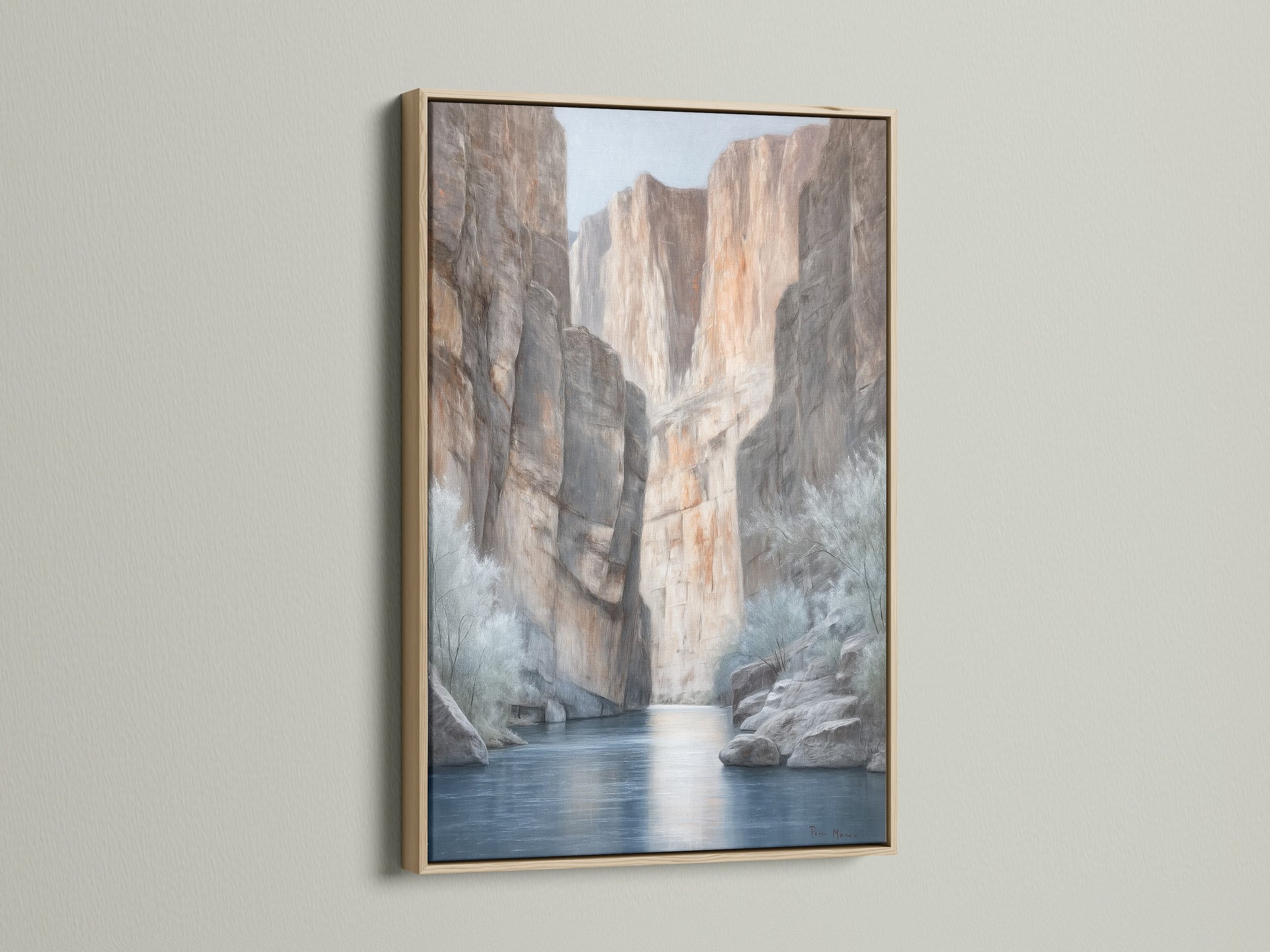 Canyon River canvas print displayed in an oak frame. This artwork captures a serene desert landscape. Neutral tones create a calming effect. Ideal for living rooms or offices seeking Southwestern decor. The river canvas brings the beauty of nature indoors. Earth tone art complements any space.