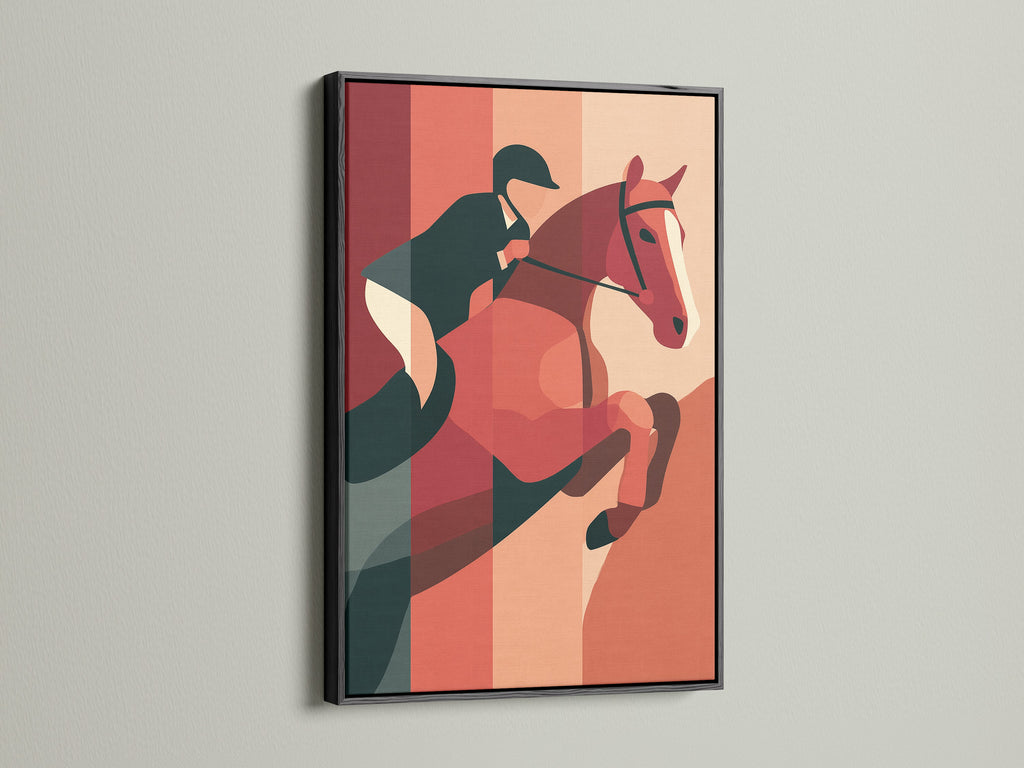 Equestrian artwork in a black frame displayed on a white wall. The art features a horse and rider jumping. A black frame provides a bold and sophisticated touch. Elevate your space with framed art.