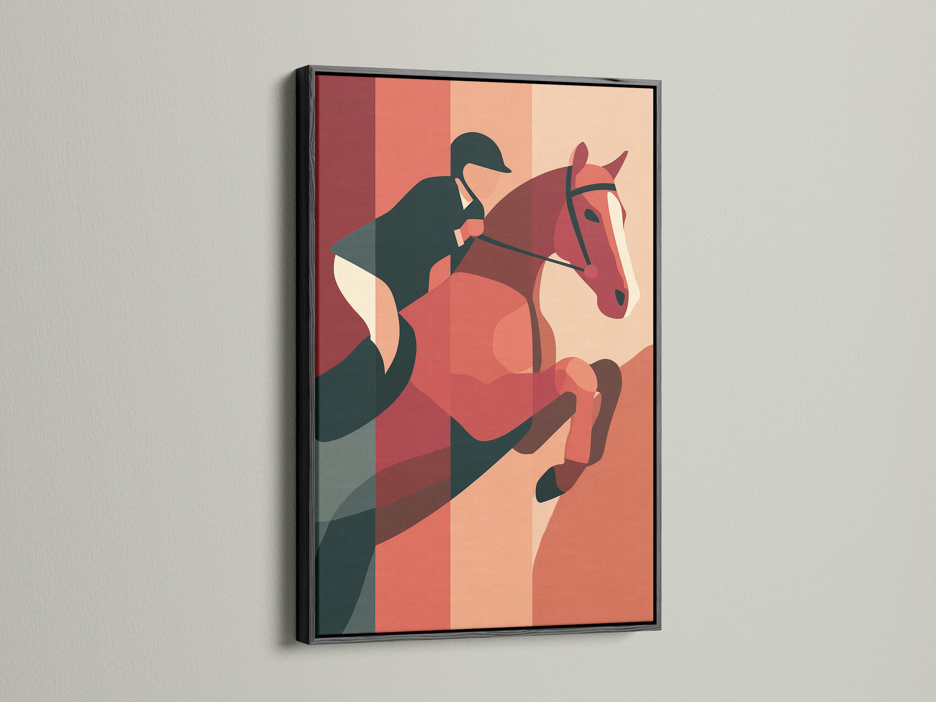 Equestrian artwork in a black frame displayed on a white wall. The art features a horse and rider jumping. A black frame provides a bold and sophisticated touch. Elevate your space with framed art.