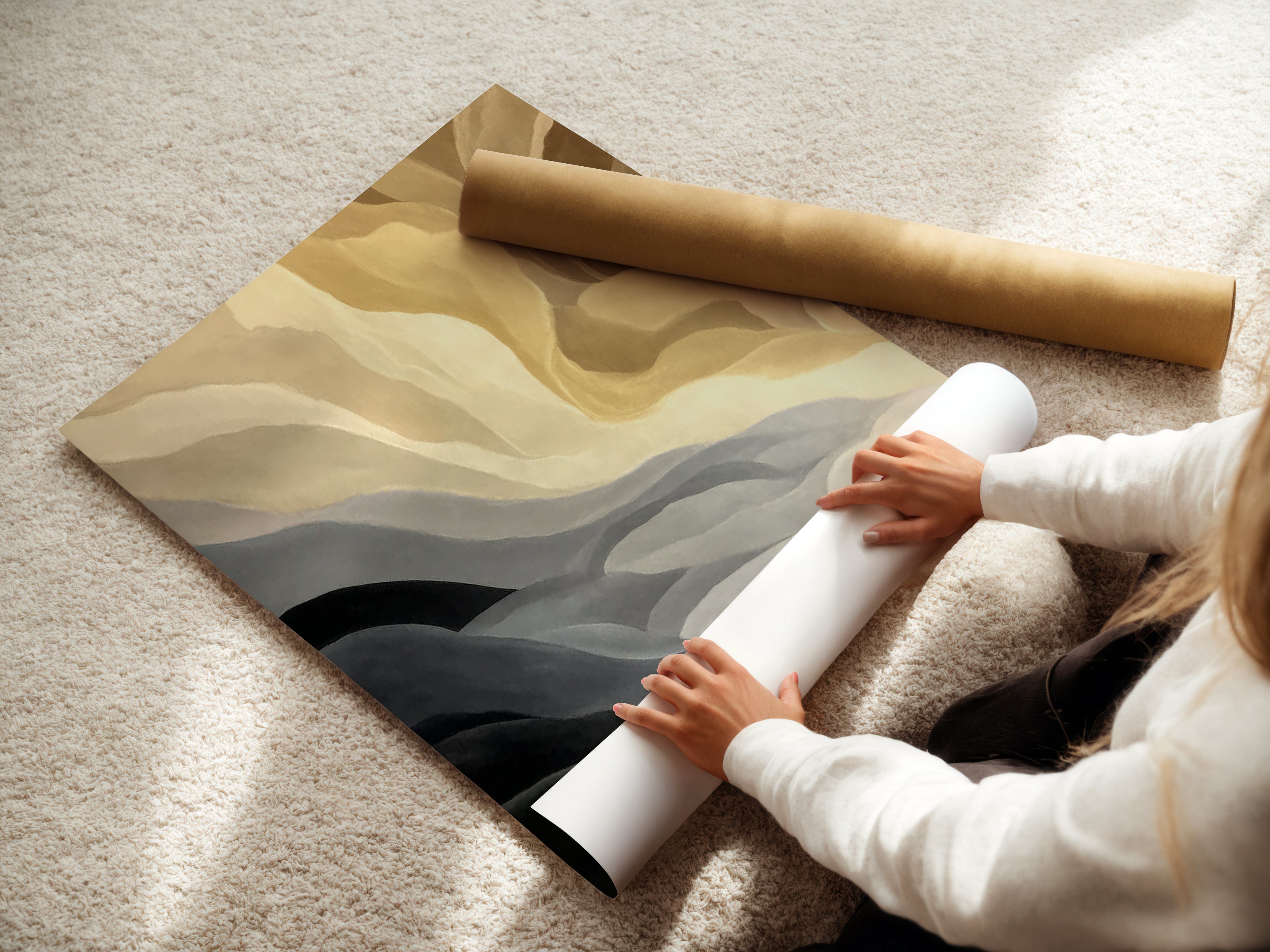 A woman is carefully rolling a fine art poster paper. The art features neutral tones of beige and gray. This minimalist seascape artwork is perfect for any space. The poster offers a modern artwork option. The calming art suits minimalist and modern styles.