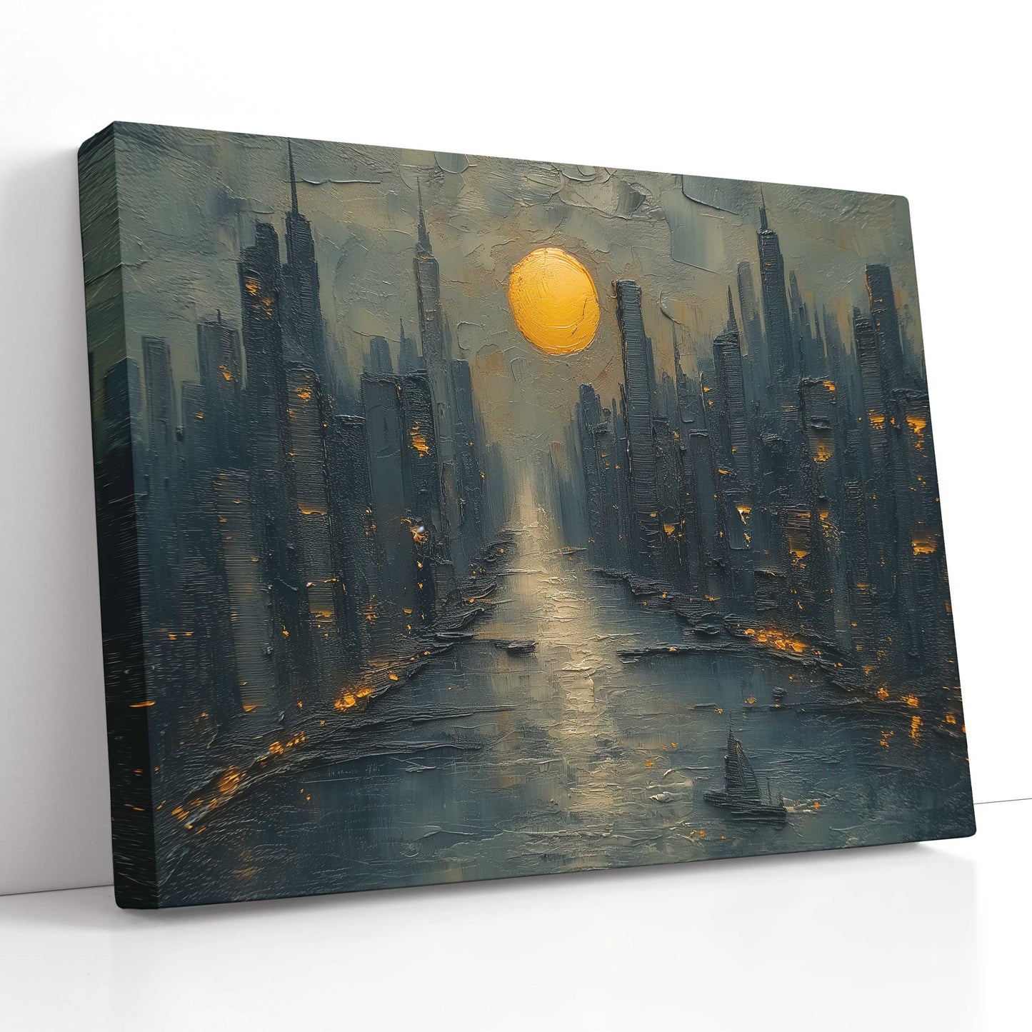 Impasto Style Moonlit City Wall Art