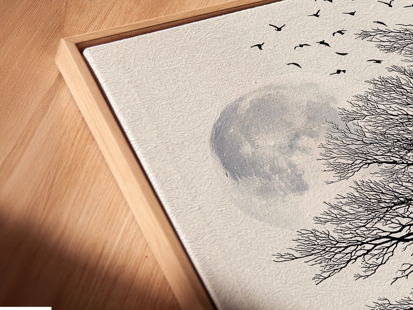 This is a close-up of a canvas print in a floating frame. The wolf artwork looks modern. See the fine details in this art piece. The floating frame gives a unique look. Perfect for living room wall art or office wall art. The frame enhances the wolf decor.