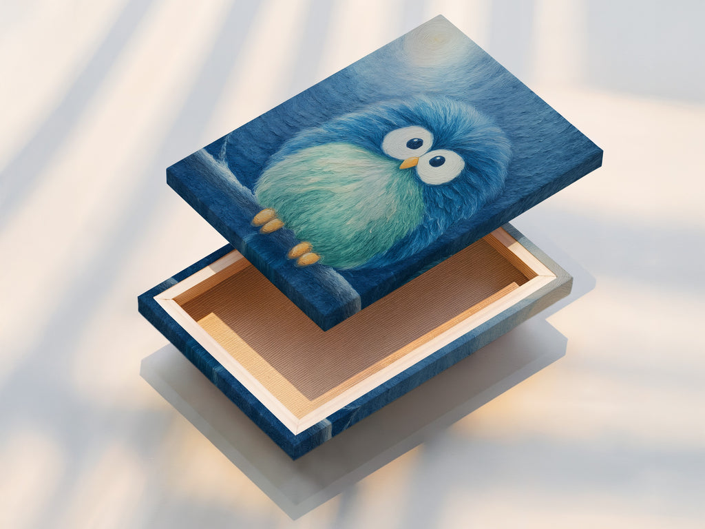 A stretched canvas print of the cute blue bird artwork is displayed. This ready-to-hang piece adds a touch of whimsy to any space. The stretched canvas ensures a gallery-quality look. The vibrant colors and charming details come to life. Perfect for enhancing your nursery or child's room decor.