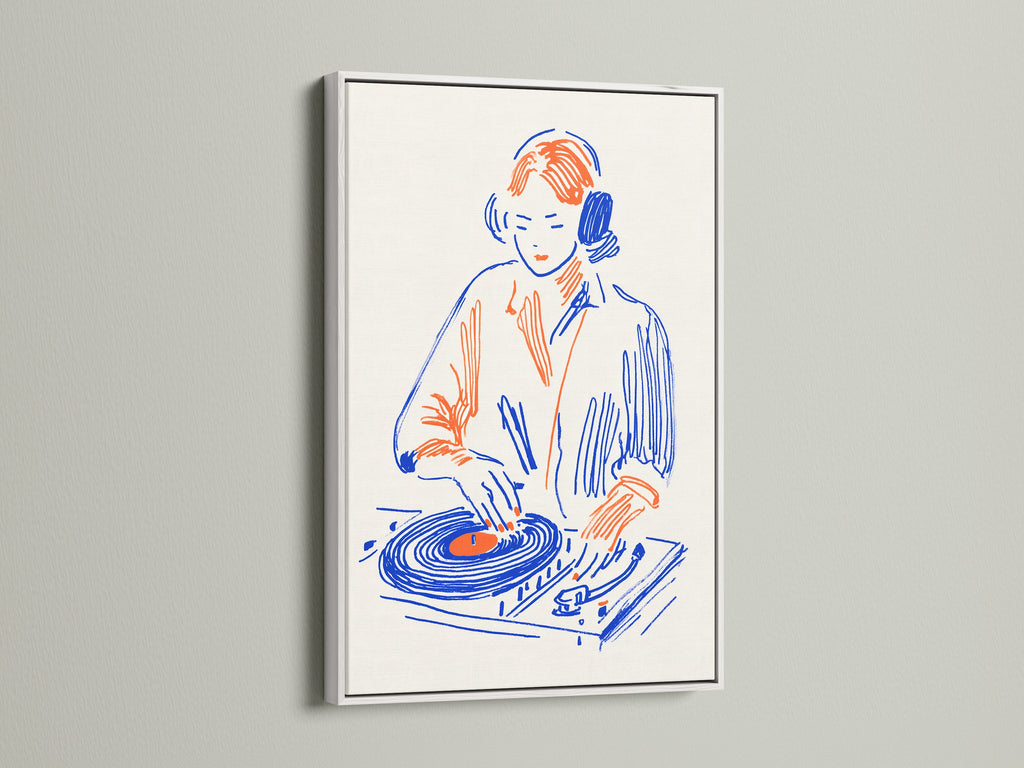 DJ Turntable artwork in a white frame. This retro music art is a great addition to any music studio. It makes a thoughtful gift for music producers. The primary colors are blue and orange. This artwork is perfect for studio wall art or dorm decor. Enhance your space with this unique piece.
