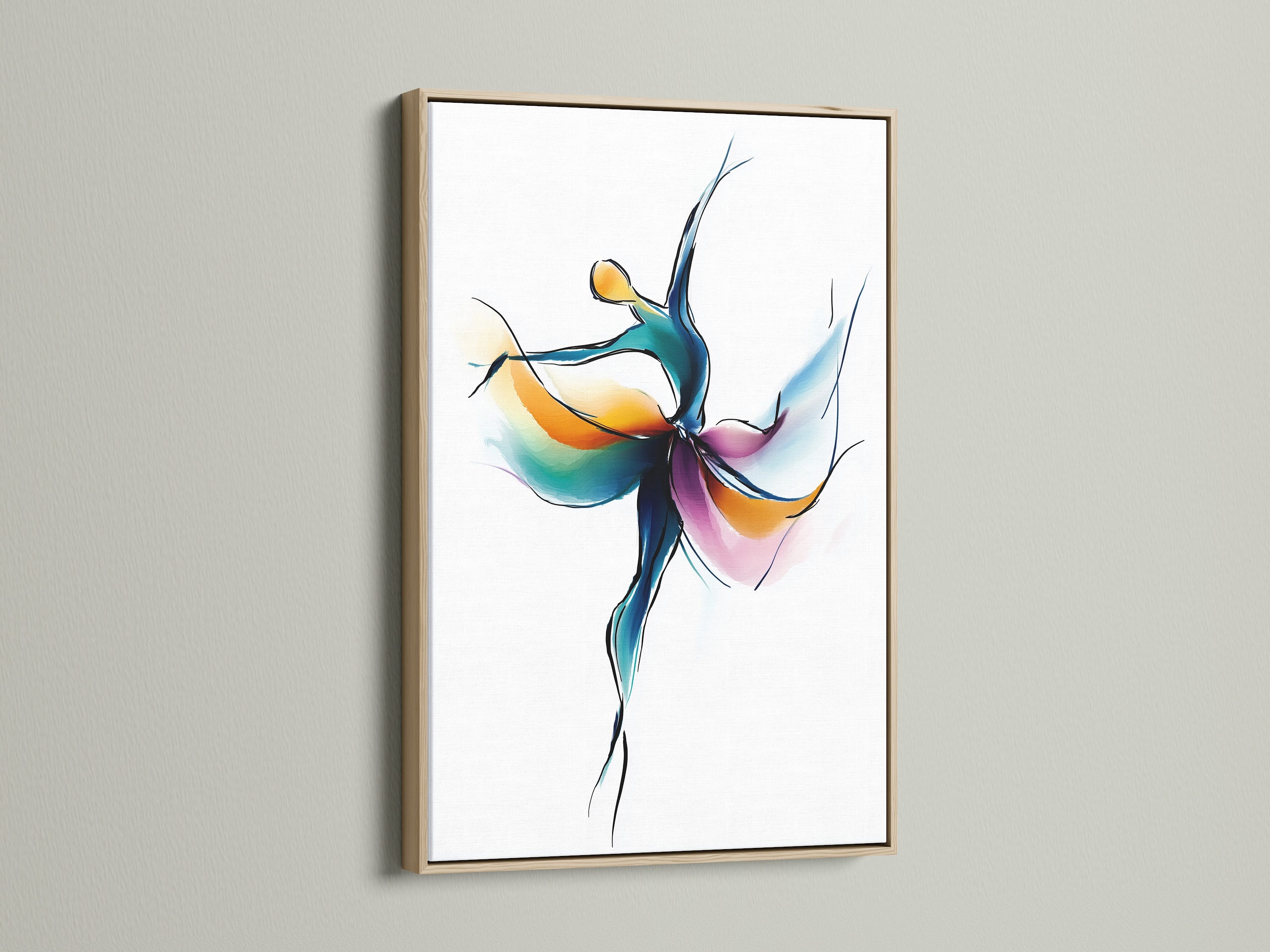 Abstract Dancer canvas print with an oak frame. This modern movement artwork adds elegance to any space. Ideal for dance studio decor or contemporary art collections. It is a colorful ballet wall art.