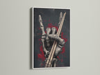 Skeleton Hand Drumsticks artwork with a white frame. This musician gift brings a touch of gothic style. Perfect for music rooms or home bars. The dark art print features a skeleton hand holding drumsticks. This striking piece complements any gothic themed decor.