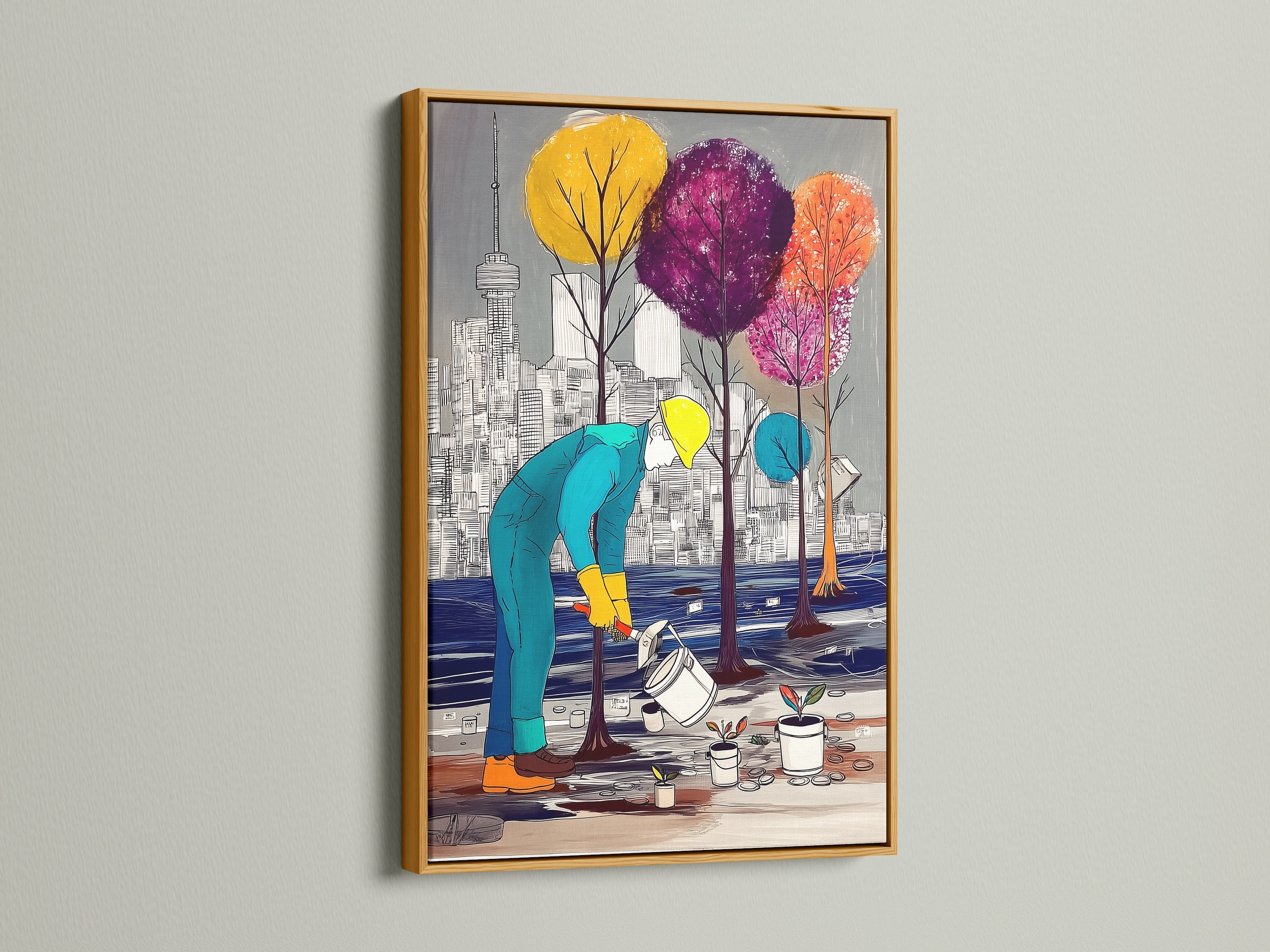 The City Gardener Canvas Print is accentuated with a gold frame. The urban landscape artwork adds a touch of elegance. Notice the colorful trees artwork perfect for modern spaces. Cityscape art enhances the room's aesthetic. Planting art brings life to your decor.